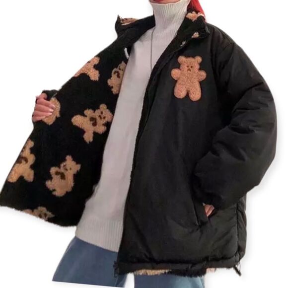 Black Puffer Coat Reversible Brown Teddy Bears Fleece Winter Outerwear - Picture 1 of 4